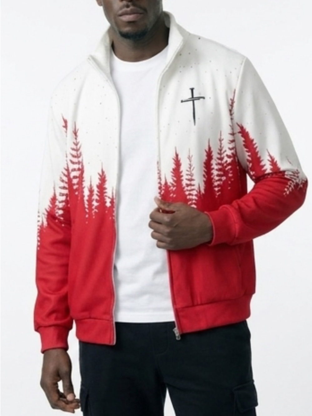 Red and White Forest Speckled Knit Sweater Jacket (XL)